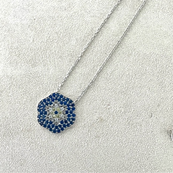 FLOWER Dainty 925 Sterling Silver Blue Clear Rhinestone Adjustable Necklace - Picture 8 of 9
